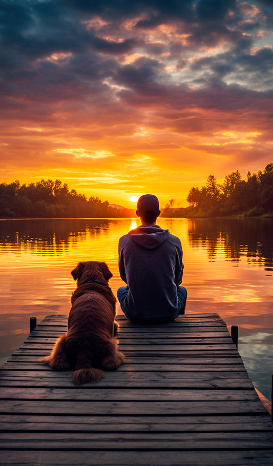 Dog and Man Sitting on a Pier