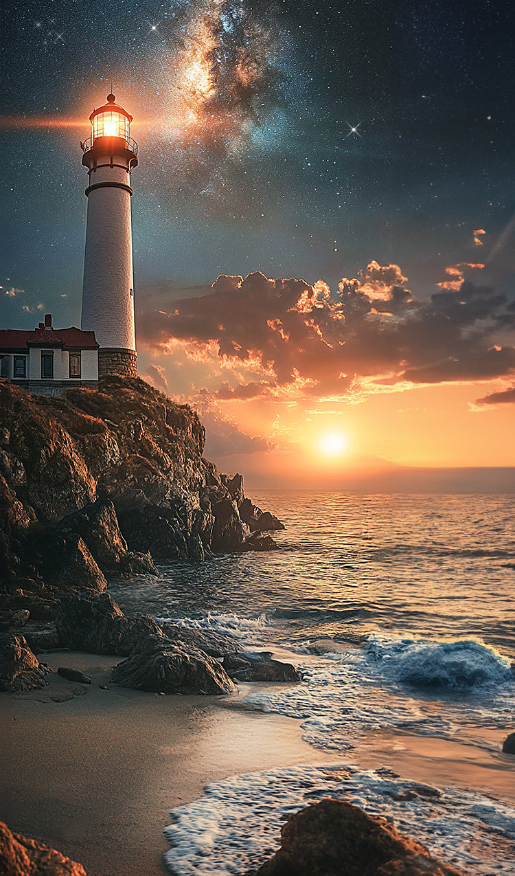 Lighthouse with a Starry Sky at Sunset