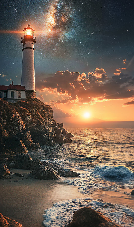 Lighthouse with a Starry Sky at Sunset