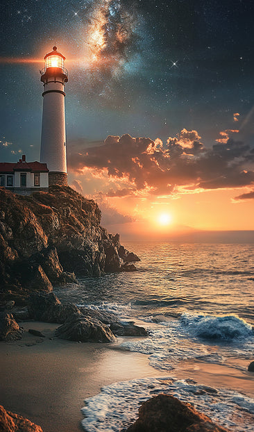 Lighthouse with a Starry Sky at Sunset